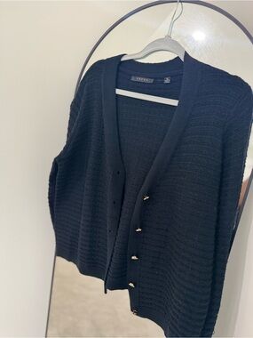 Cyrus Black Ribbed V-Neck Cardigan with Gold-Tone Buttons